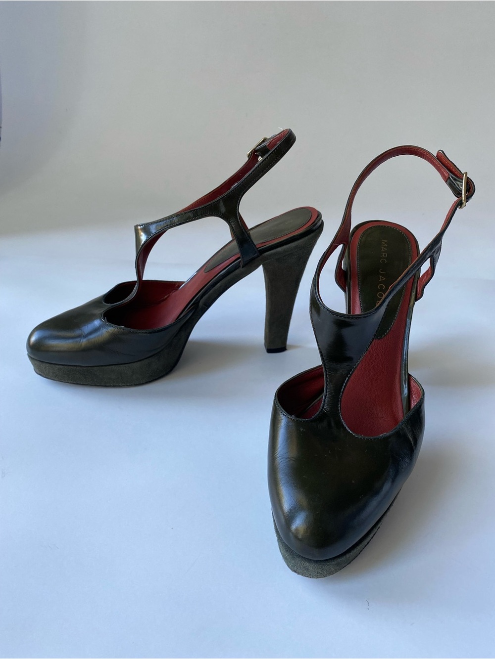 vintage Marc Jacobs dark olive green leather and suede T-Strap Platform Heels